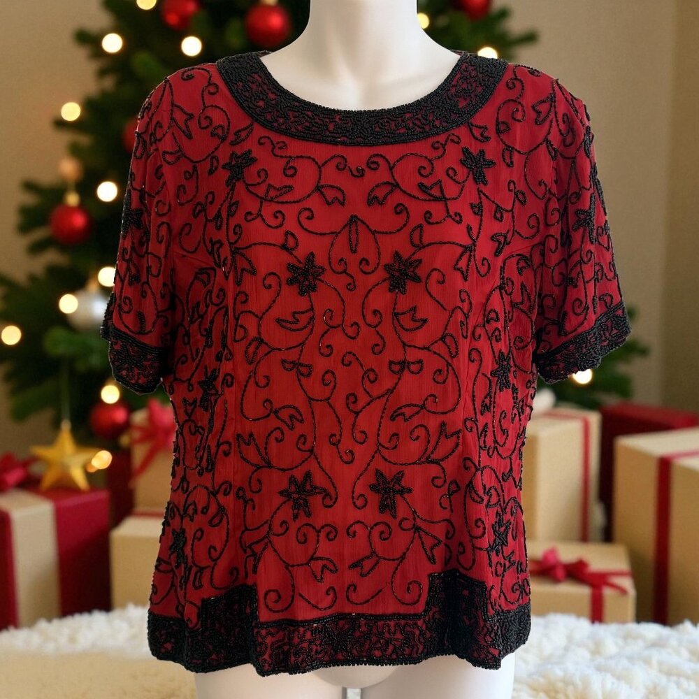 Vintage Stenay Red Silk Beaded Top | L | Holiday Party & Cocktail Blouse